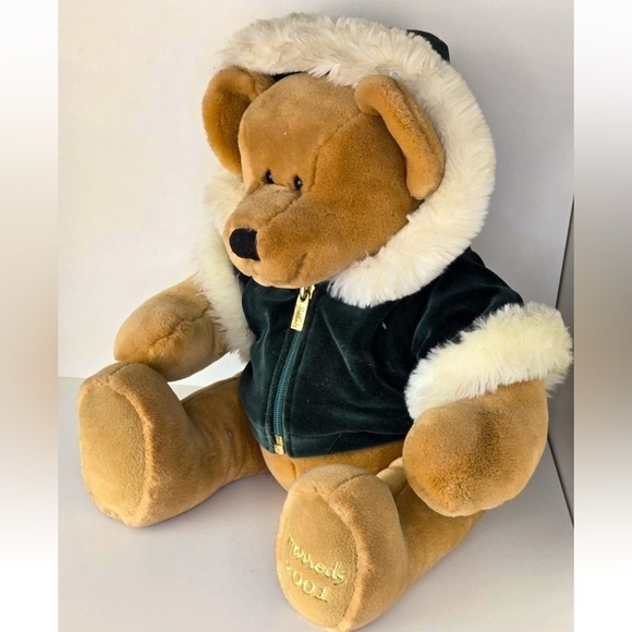 HARRODS Vintage 2001 Holiday Teddy Bear Green Velvet Jacket & Fuzzy White Trim - Picture 2 of 9